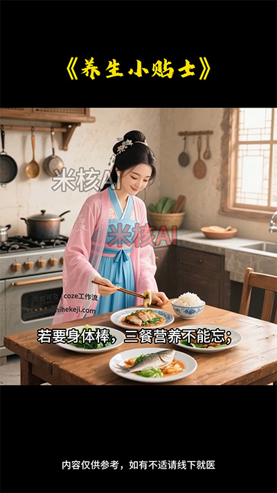 S66_米核ai精品视频工作流_健康养生动态视频-觅合可及  Coze工作流分享 智能体 提示词 一件生成视频图片程序案例